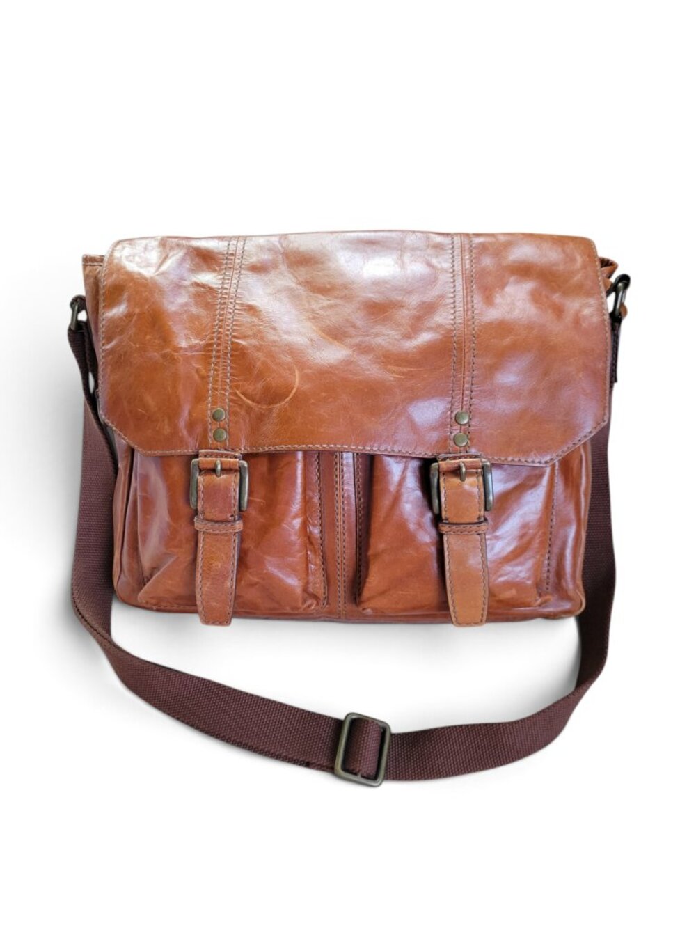 Fossil Cognac Brown Leather Messenger Bag with Adjustable Strap and Pockets - Picture 5 of 16